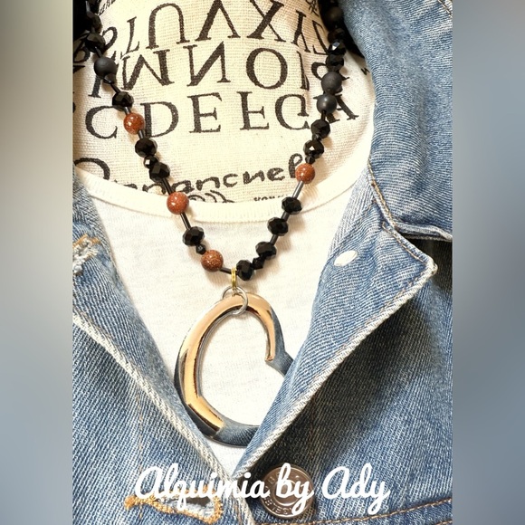 Sunstone and black crystal big heart pendant necklace - Picture 1 of 2